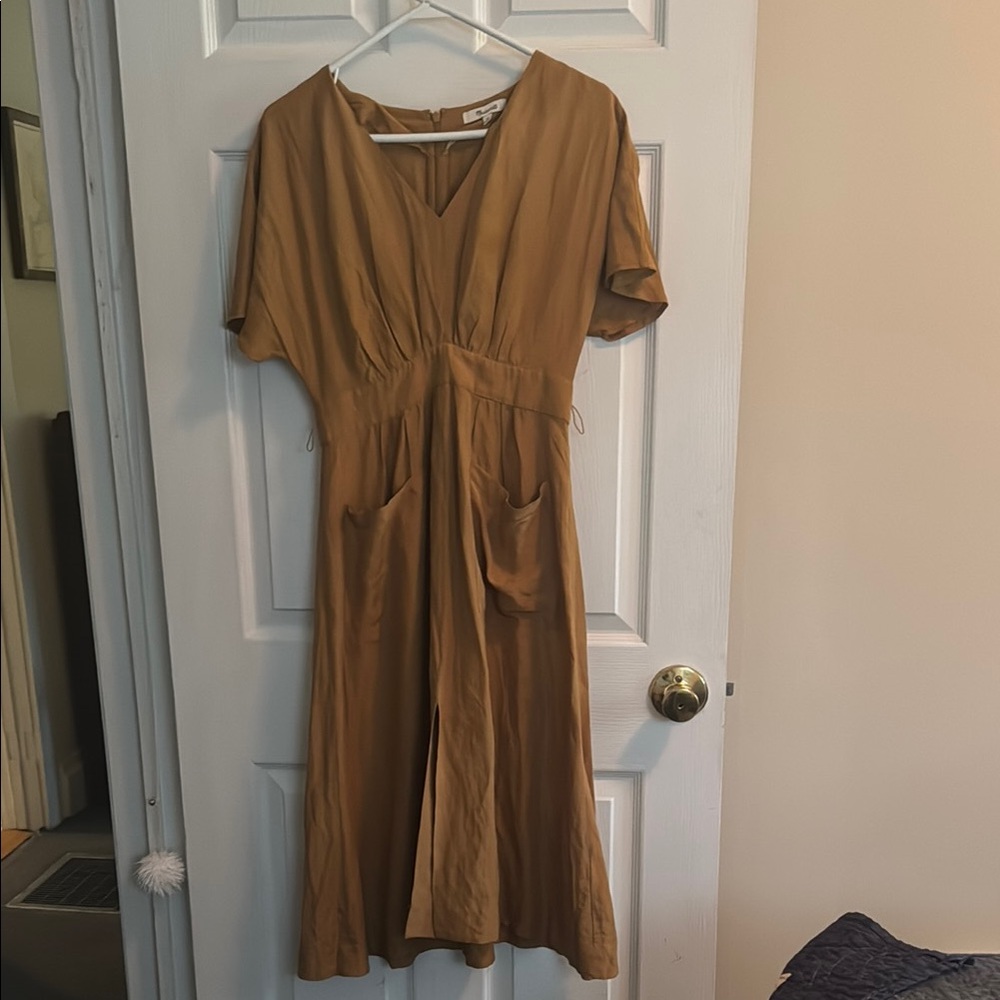 Linen-Blend Dolman-Sleeve Tie-Waist Midi Dress